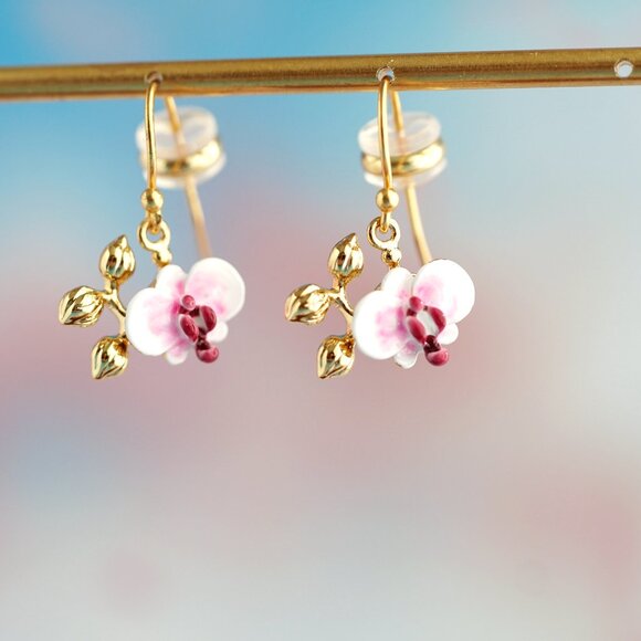 Pink orchid enamel earrings - Picture 2 of 9